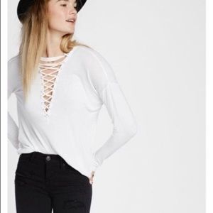 Express One Eleven Deep V-Neck Lace Up Top
